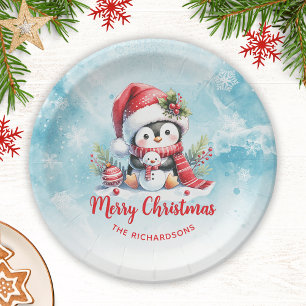 Cute Penguin Red and Blue Custom Merry Christmas Paper Plates