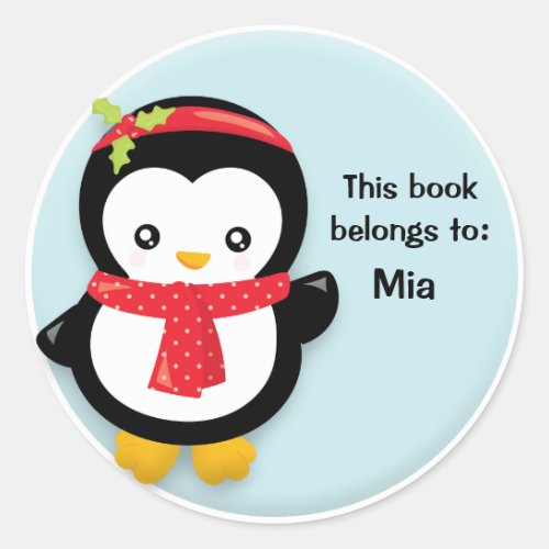 Cute Penguin Red Scarf Holly Berries Book Classic Round Sticker