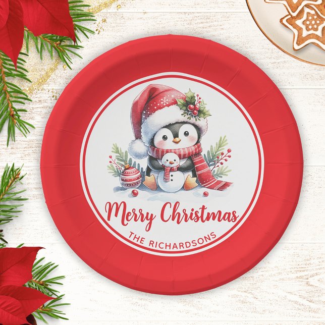 Cute Penguin Red White Custom Merry Christmas Paper Plates (Creator Uploaded)