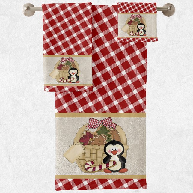 Cute Penguin Retro Holiday Basket Bath Towel Set (Creator Uploaded)