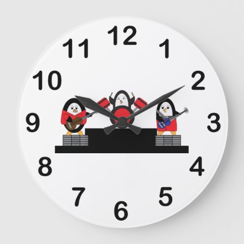 Cute Penguin Rock and Roll Music Band Large Clock
