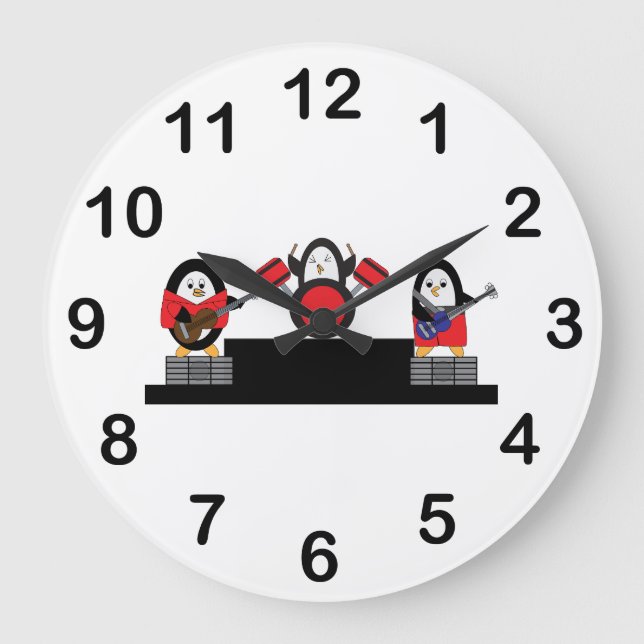 Cute Penguin Rock and Roll Music Band Large Clock (Front)