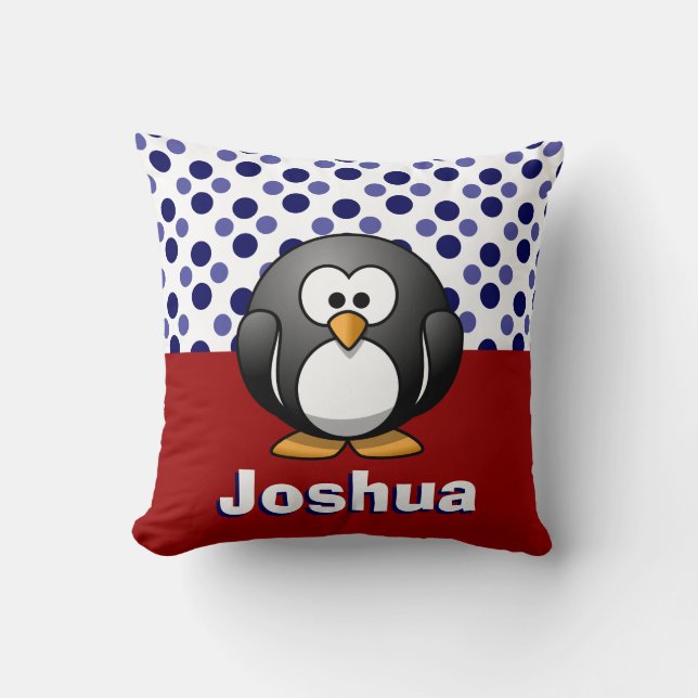 Cute Penguin RW&B w/ Polka Dots, Add Name Throw Pillow (Front)