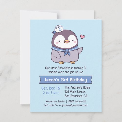 Cute Penguin Sailor Kids Birthday Party Invitation