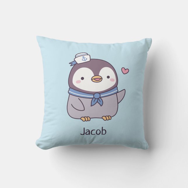 Cute Penguin Sailor Kids Personalized Room Decor Throw Pillow (Front)
