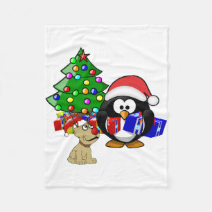 Cute Penguin Santa and Reindeer Dog Fleece Blanket