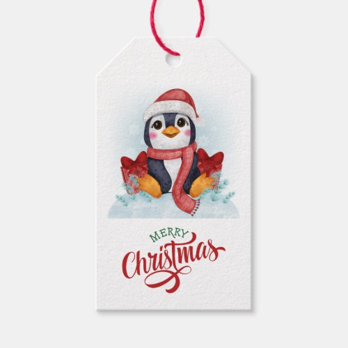 Cute Penguin Santa Hat Christmas Gift Tags