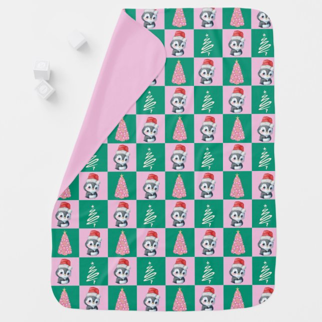 Cute Penguin Santa Merry Christmas tree party Baby Blanket (In Situ)