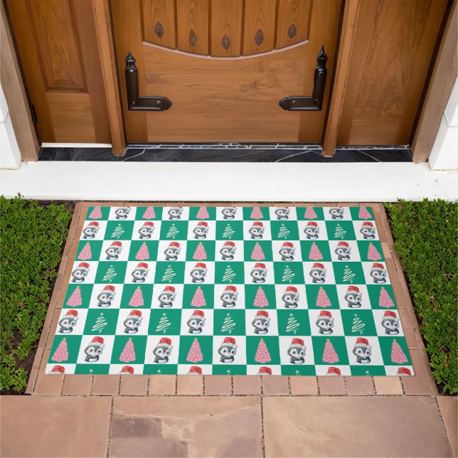 Cute Penguin Santa Merry Christmas tree party Doormat (Outdoor)