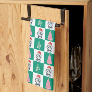Cute Penguin Santa Merry Christmas tree party Kitchen Towel