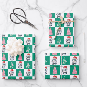 Cute Penguin Santa Merry Christmas tree party Wrapping Paper Sheets