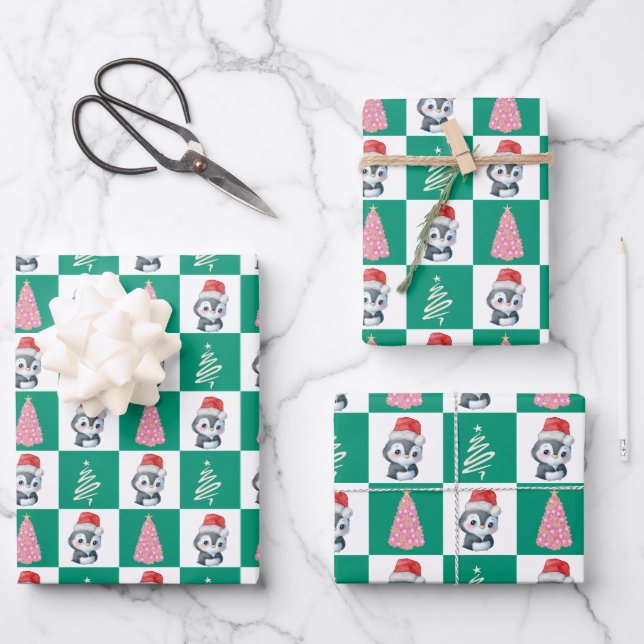 Cute Penguin Santa Merry Christmas tree party Wrapping Paper Sheets (Front)
