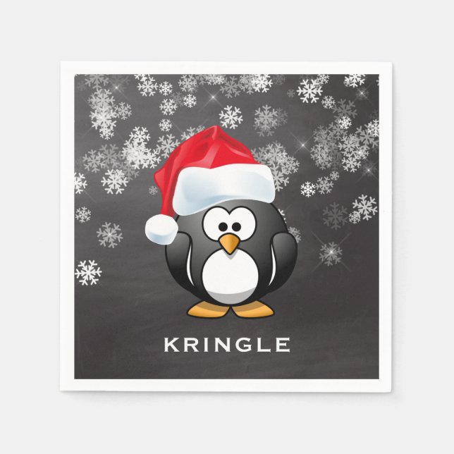 Cute Penguin Santa Snowflakes Chalkboard Christmas Napkins (Front)