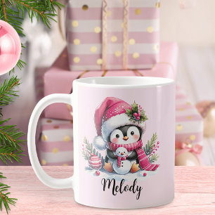 Cute Penguin Script Name Pink Christmas Coffee Mug