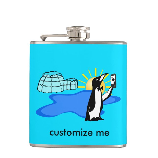 Cute Penguin Selfie Humor Cool Blue Custom Hip Flask (Front)