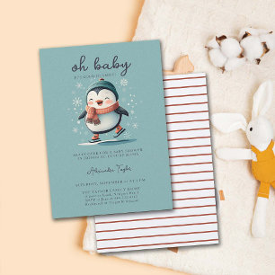 Cute Penguin Skates Cold Outside Sweet Baby Shower Invitation