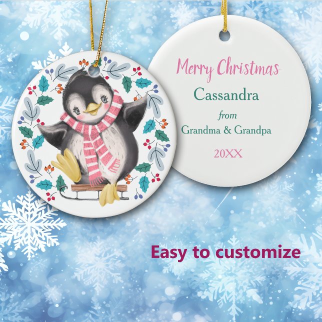 Cute Penguin Sled Wreath Kids Christmas Ceramic Ornament (Creator Uploaded)