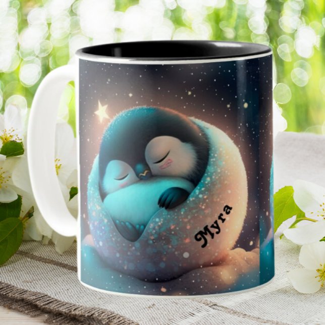 Cute Penguin sleeping Stars Moon Personalized  Two-Tone Coffee Mug (Creator Uploaded)