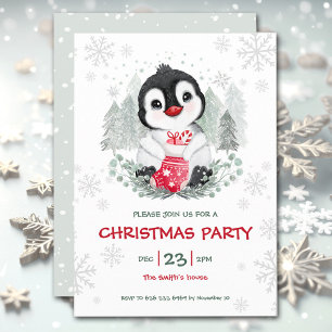Cute Penguin Snow Christmas Party Invitation