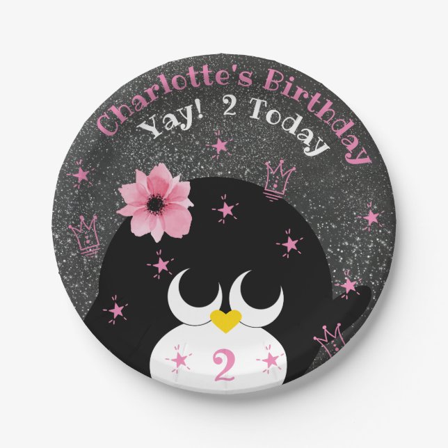 Cute Penguin Snow Dust and Sparkles Kids Birthday Paper Plates (Front)