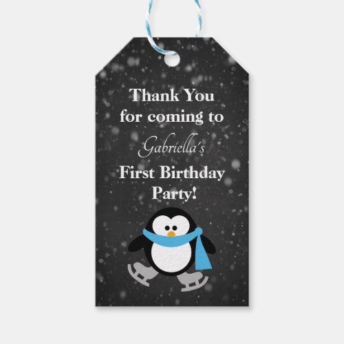 Cute Penguin Snow Much Fun First Birthday Tag