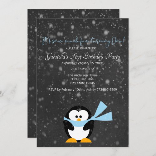 Cute Penguin Snow Much Fun Turning One Birthday Invitation