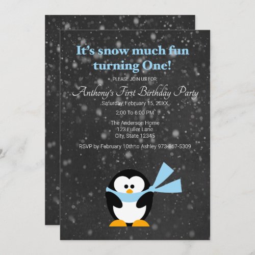 Cute Penguin Snow Much Fun Turning One Birthday Invitation