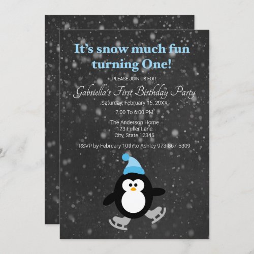 Cute Penguin Snow Much Fun Turning One Birthday Invitation