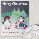 Cute Penguin Snow Scene - Merry Christmas Kids Jigsaw Puzzle<br><div class="desc">Personalized jigsaw puzzle for kids with cute penguin snow scene. The template is set up ready for you to add your child's name in the snow and, you can also edit Merry Christmas if you wish. The design features a family of happy penguins walking through the forest, pulling a sleigh...</div>