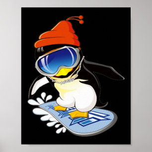 Cute Penguin Snowboarding Surfer Winter Hat Poster