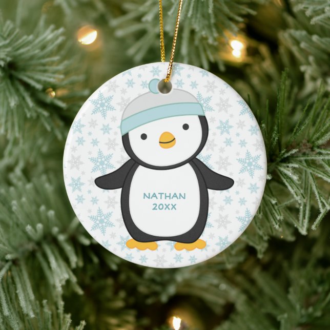 Cute Penguin Snowflake Year Name Christmas Ceramic Ornament (Tree)