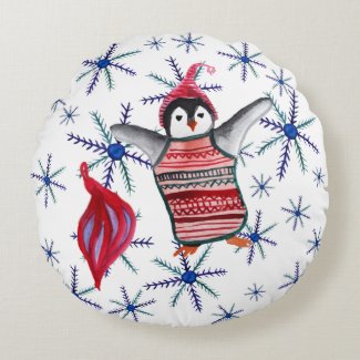 Cute Penguin Snowflakes Watercolor  throw cushion
