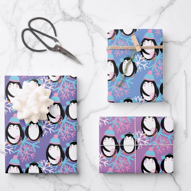 Cute Penguin Snowflakes Whimsical Wrapping Paper Sheets (Front)