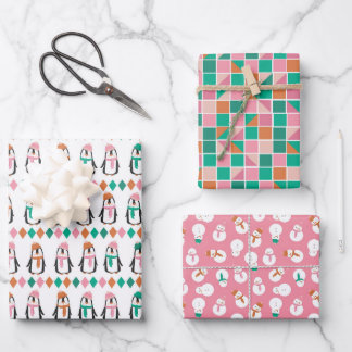 Cute Penguin & Snowman Pink & Teal Wrapping Paper Sheets