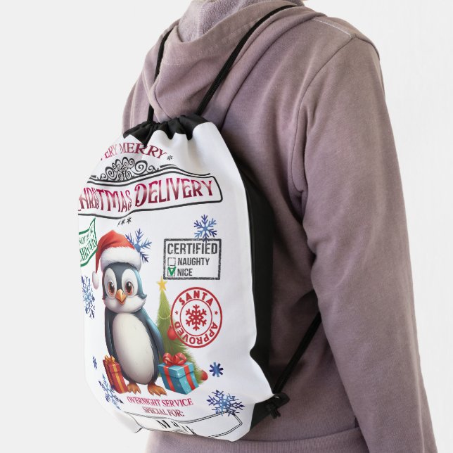 Cute Penguin Special Delivery Xmas Personalized Drawstring Bag (Insitu)
