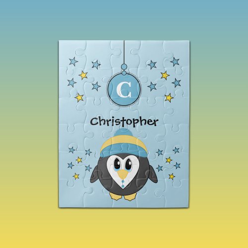 Cute penguin stars and name blue kids jigsaw puzzle