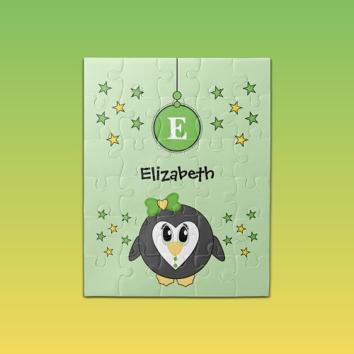 Cute penguin stars and name green kids jigsaw puzzle