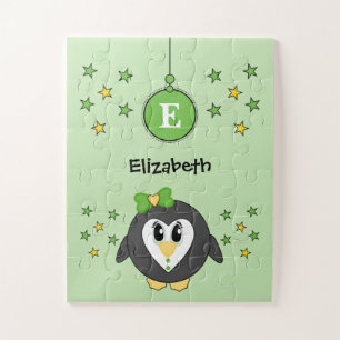 Cute penguin stars and name green kids jigsaw puzzle