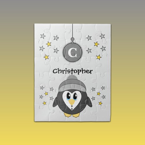 Cute penguin stars and name grey kids jigsaw puzzle