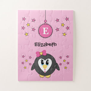 Cute penguin stars and name pink kids jigsaw puzzle