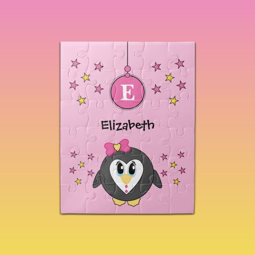 Cute penguin stars and name pink kids jigsaw puzzle