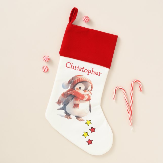 Cute penguin stars name christmas stocking (Front)