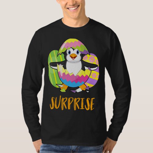 Cute Penguin Surprise With Eggs Coloful Happy East T_Shirt