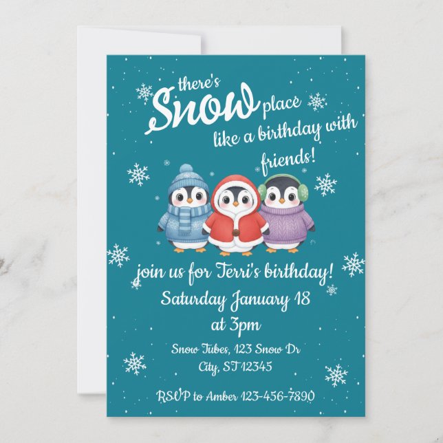 Cute Penguin "there's Snow place" Birthday party Invitation (Front)