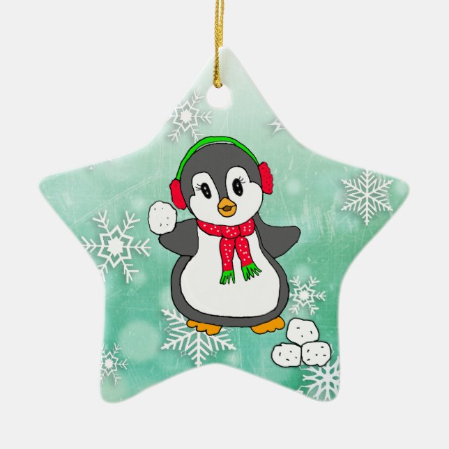 Cute Penguin Throwing Snowballs Christmas Ceramic Ornament (Front)