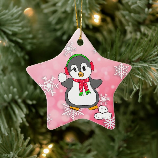 Cute Penguin Throwing Snowballs Christmas Ceramic Ornament (Tree)
