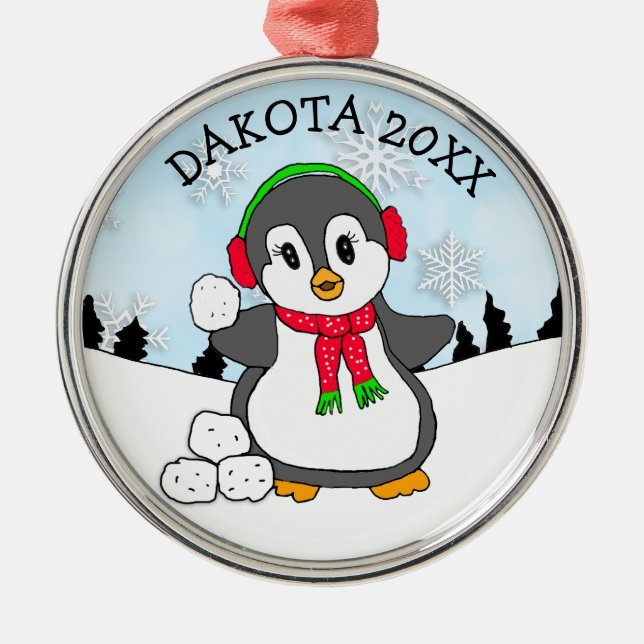 Cute Penguin Throwing Snowballs Christmas Metal Ornament (Front)