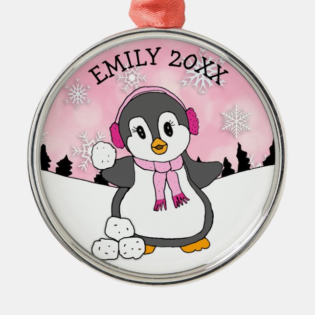 Cute Penguin Throwing Snowballs Christmas Metal Ornament (Front)