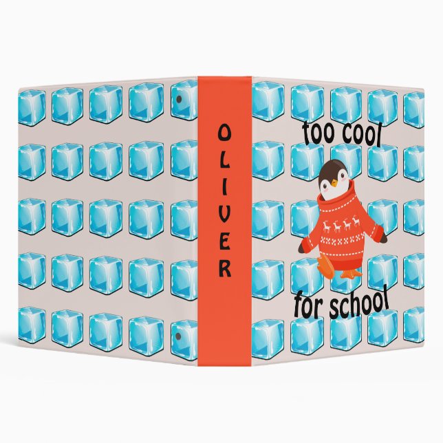 Cute Penguin "Too Cool For School" Custom Name  3 Ring Binder (Background)