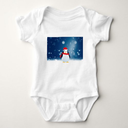 Cute Penguin w Red Santa Hat Christmas Snow Stars Baby Bodysuit